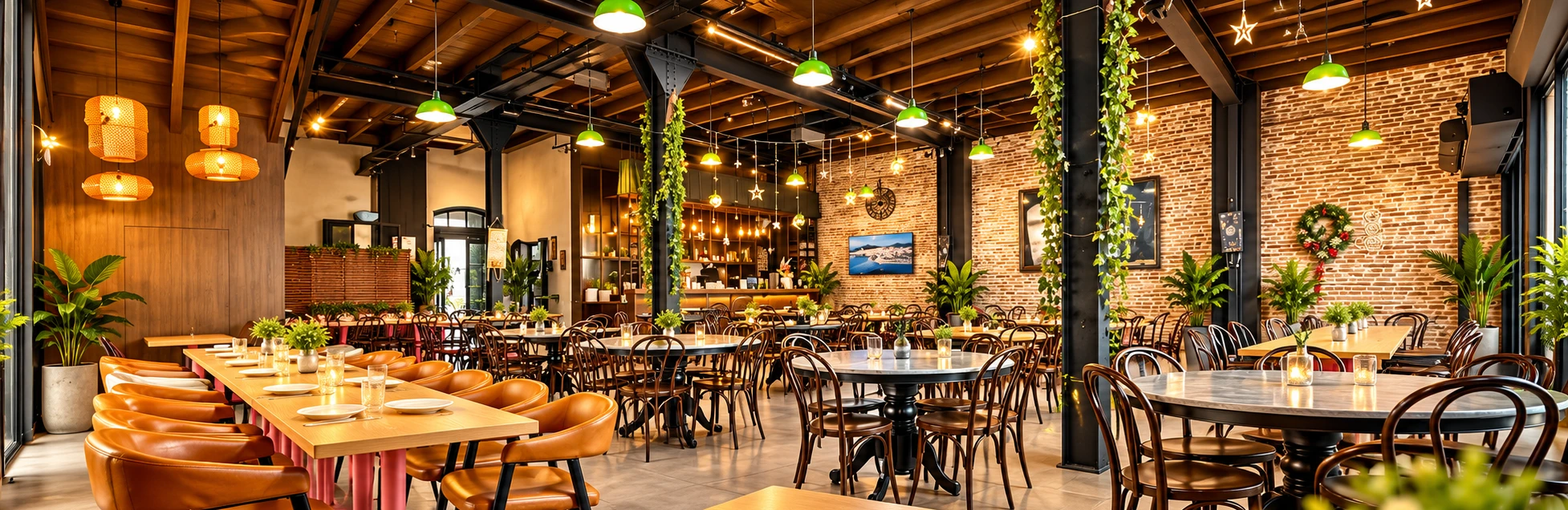 The dining room: a dark timber ceiling with green pendant lamps, a long table with tan leather chairs, and marble tables with bentwood chairs
