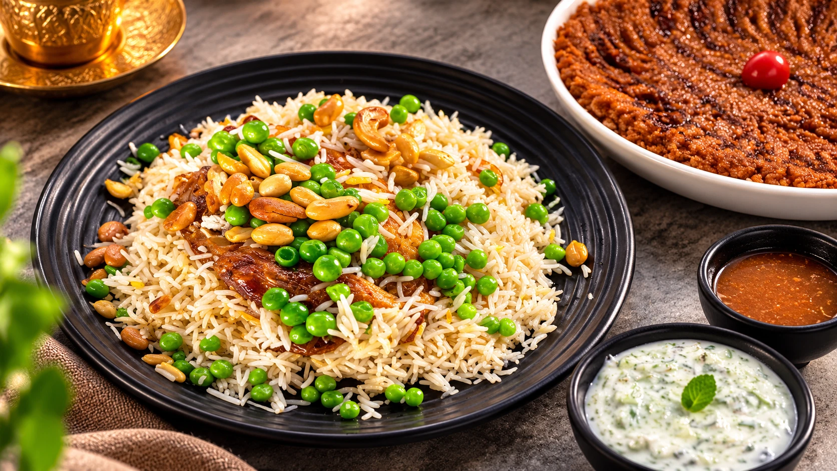 A black plate of rice topped with green peas and nuts over chicken, beside a red dip, a tomato sauce and a yogurt dip