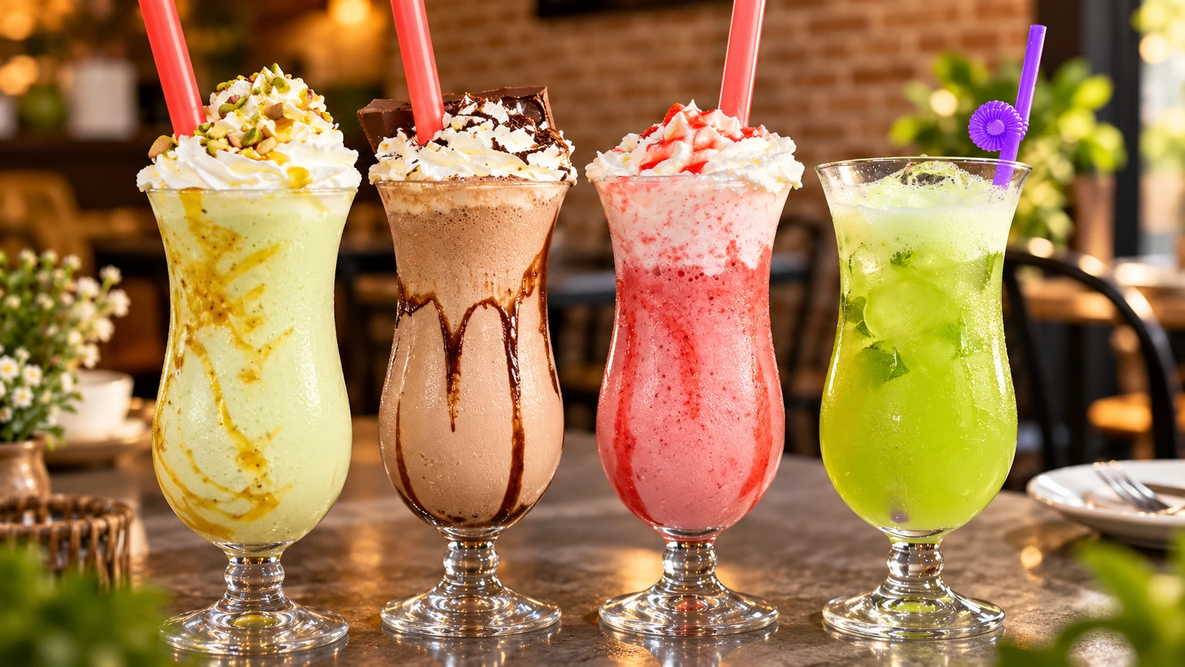 Pistachio, chocolate and strawberry milkshakes topped with cream, beside a green iced cooler with mint, in tall footed glasses