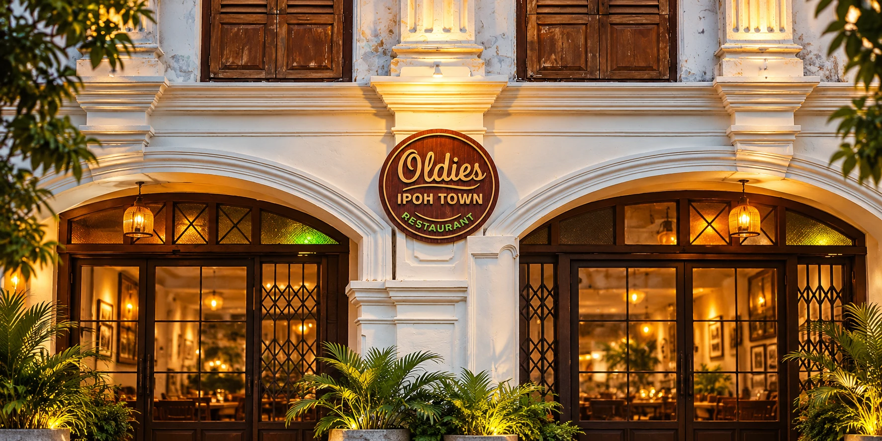 The Oldies Ipoh Town restaurant shophouse at dusk: a round mahogany Oldies sign on the white plaster front between two lantern-lit arched glass entrances